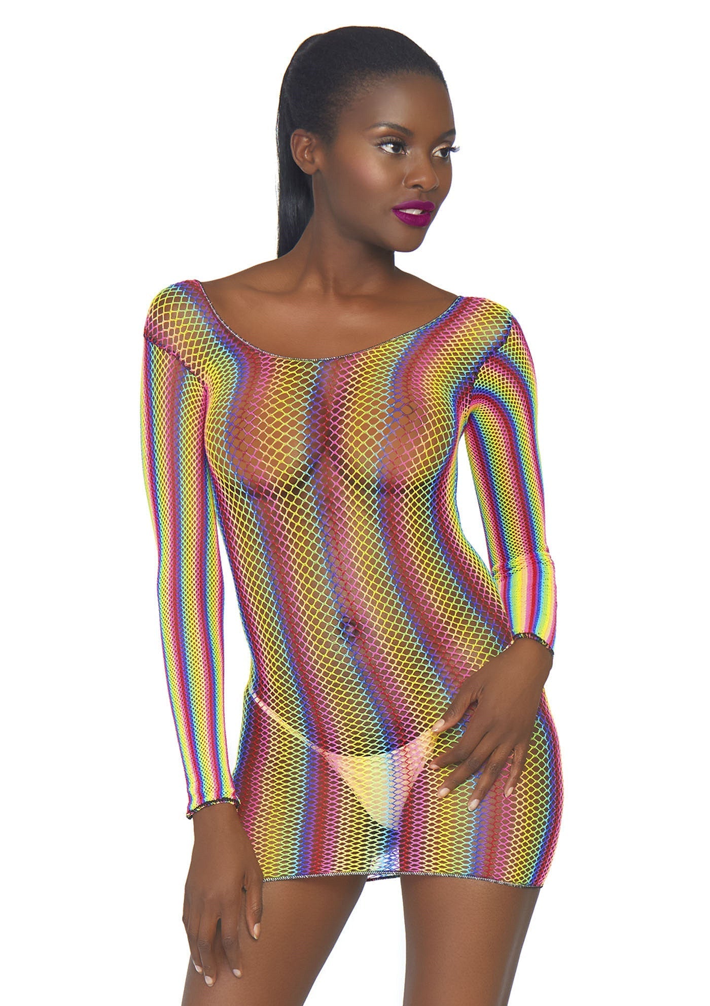 85218 leg avenue very sexy lingerie rainbow fishnet long sleeved mini dress