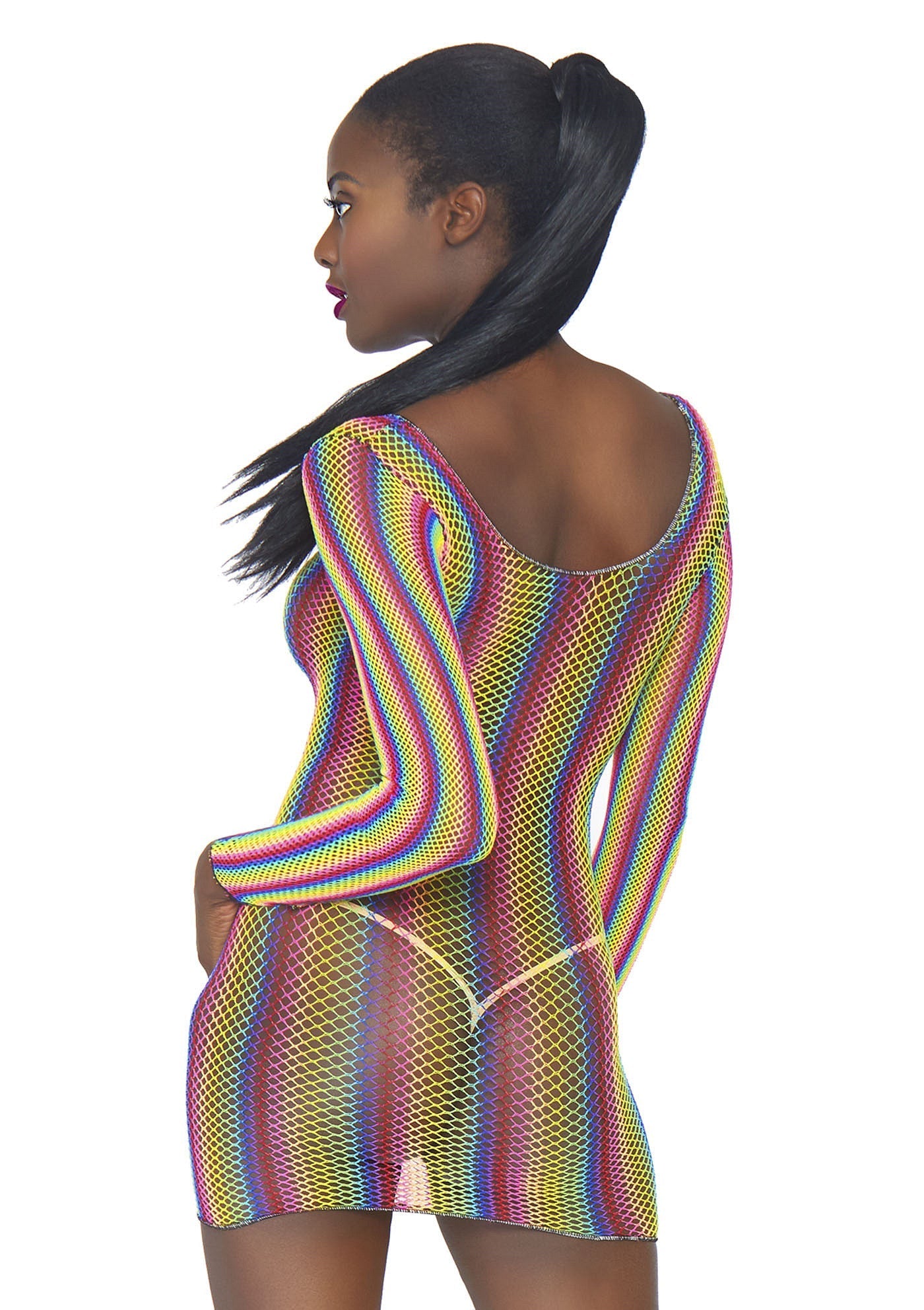 85218 leg avenue very sexy lingerie rainbow fishnet long sleeved mini dress