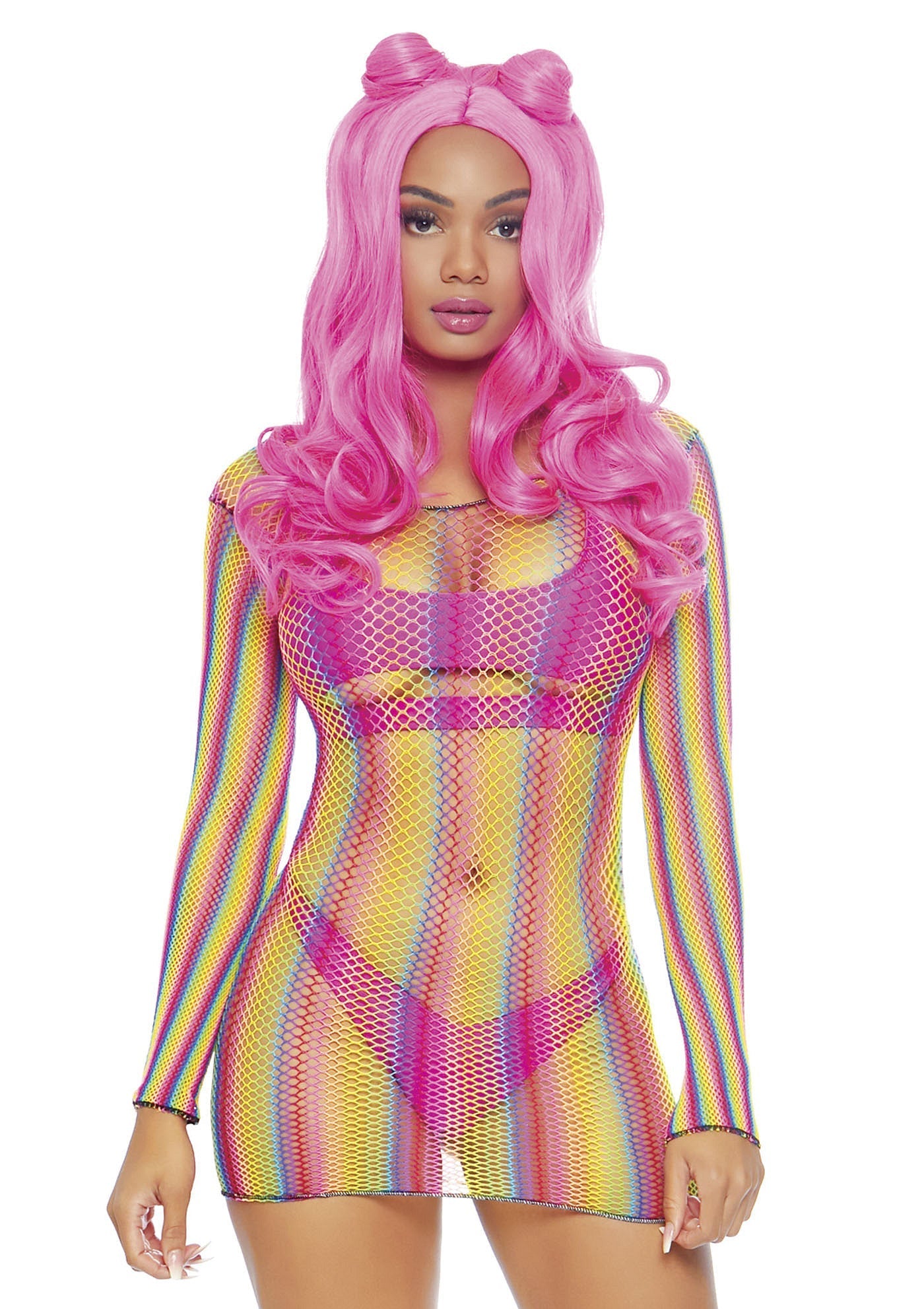 85218 leg avenue very sexy lingerie rainbow fishnet long sleeved mini dress