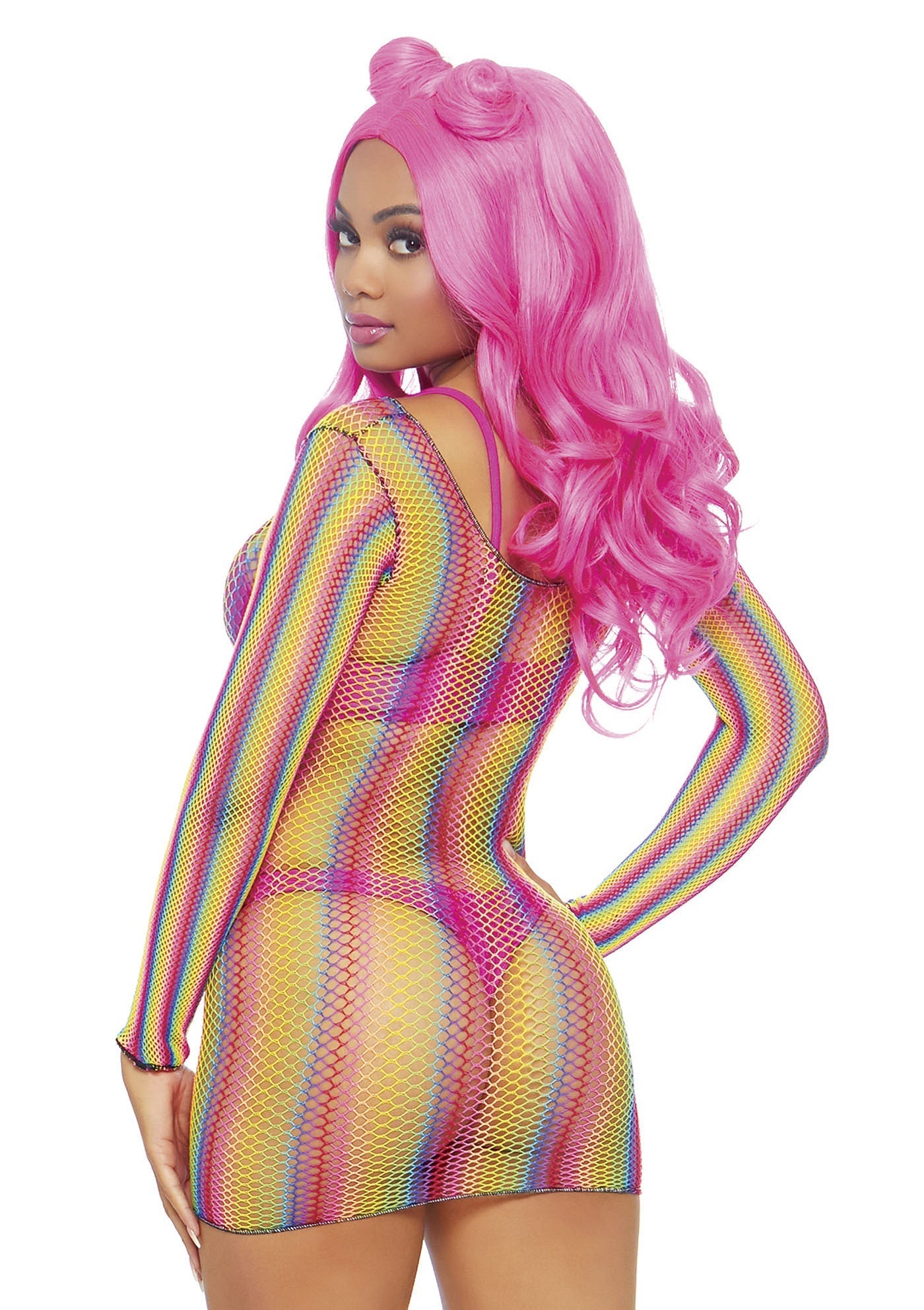 85218 leg avenue very sexy lingerie rainbow fishnet long sleeved mini dress