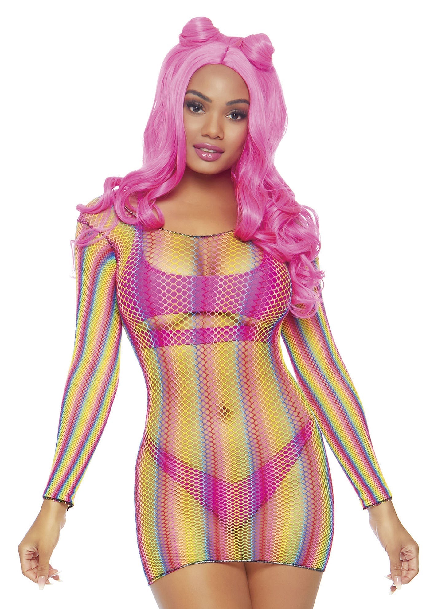 85218 leg avenue very sexy lingerie rainbow fishnet long sleeved mini dress