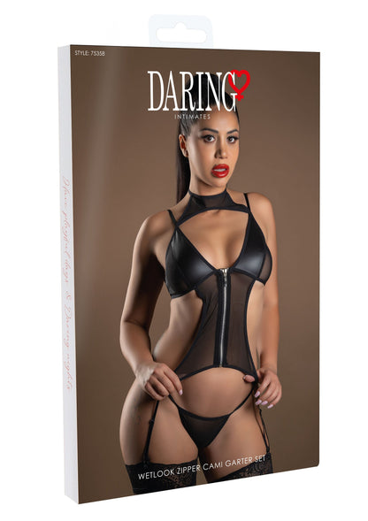 75358 daring intimates naughty whispers wetlook zipper cami garter set