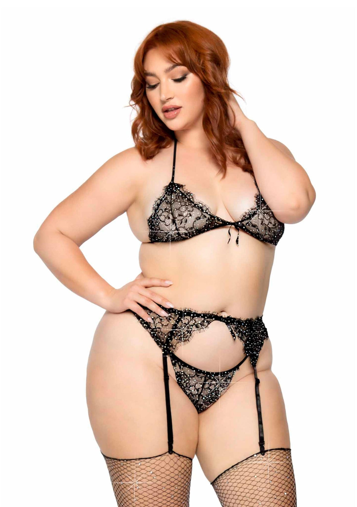 Plus Lace Bra Top, String and Garter Belt