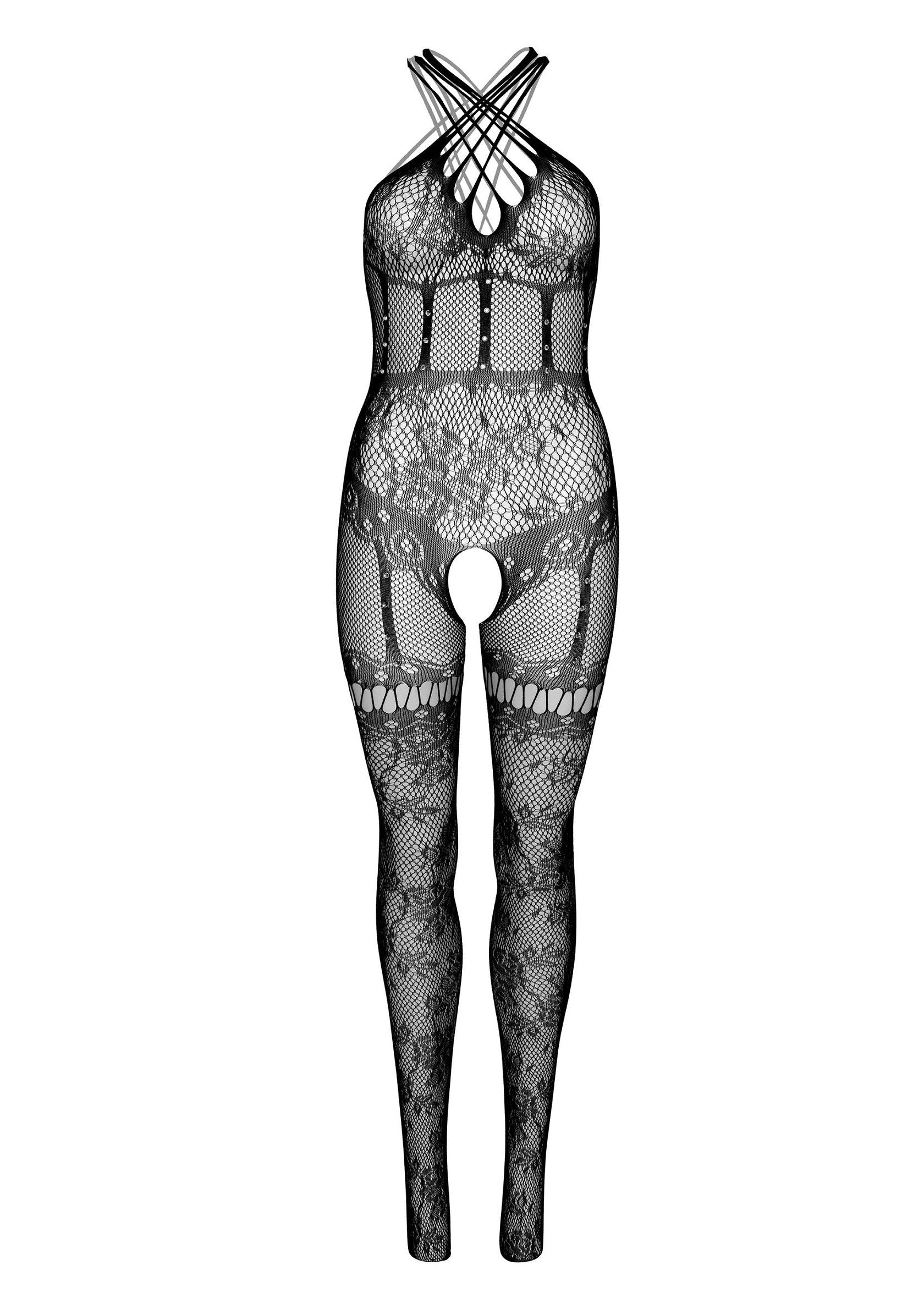 86579 leg avenue lace halter bodystocking with rhinestone