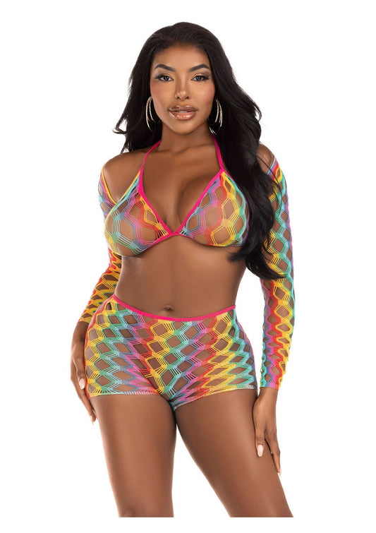 86631 leg avenue very sexy lingerie rainbow net top boyshorts and shrug