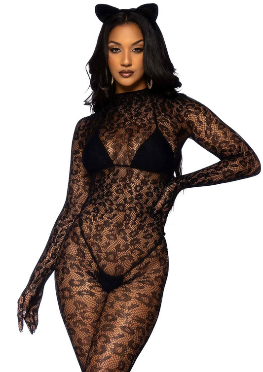 Leopard Net Gloved Catsuit